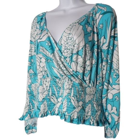 🌺LANE BRYANT Vibrant Soft Stretch Floral Smocked Top in Teal/White  Size 18/20🌺 - Picture 1 of 6